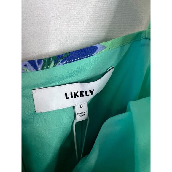 Likely Charlotte Mini Dress Size 6 Blue Green Floral Ruffle Tie Waist Flowy - Picture 6 of 7